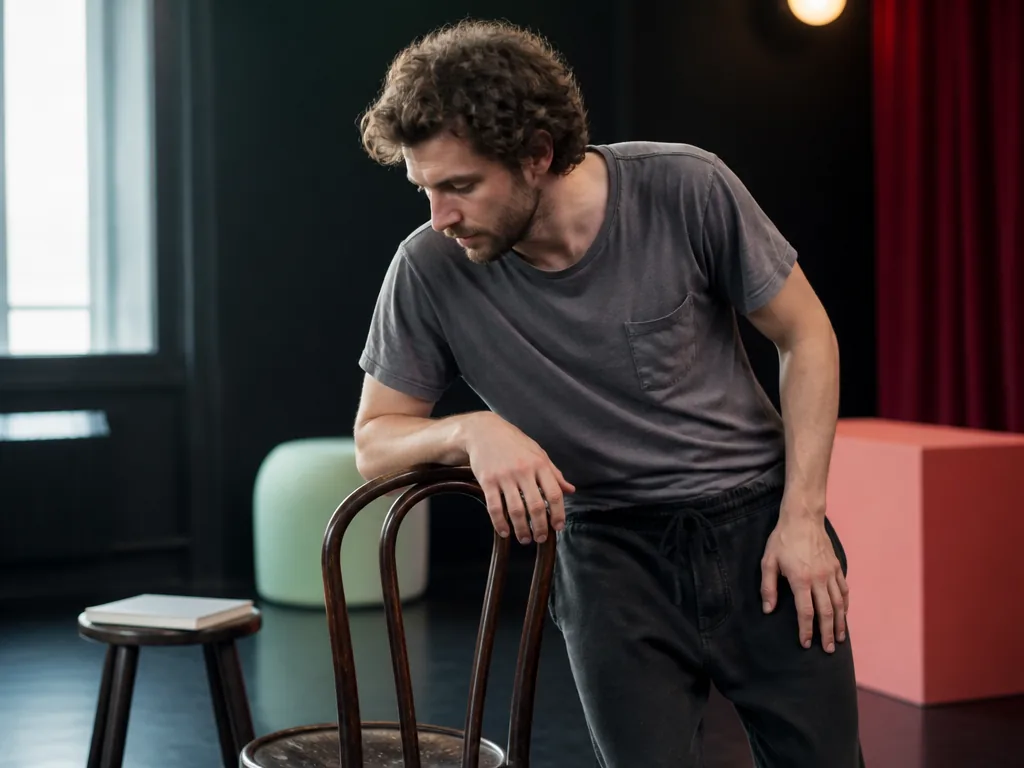Régisseur guidant les comédiens dans un décor éclairé de projecteurs sur une scène de théâtre